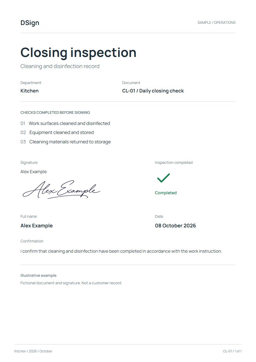 Fictional signed PDF with name, signature, date and checkmark