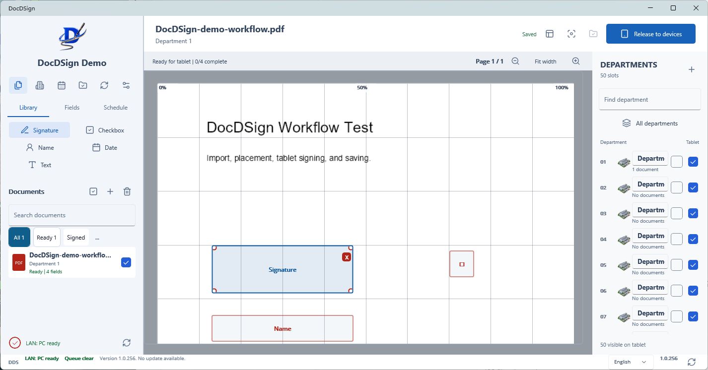 Real PC application version 1.0.256 with default demo department names and a sample document