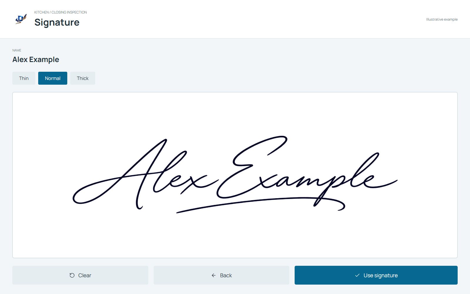 Fictional Alex Example signing screen
