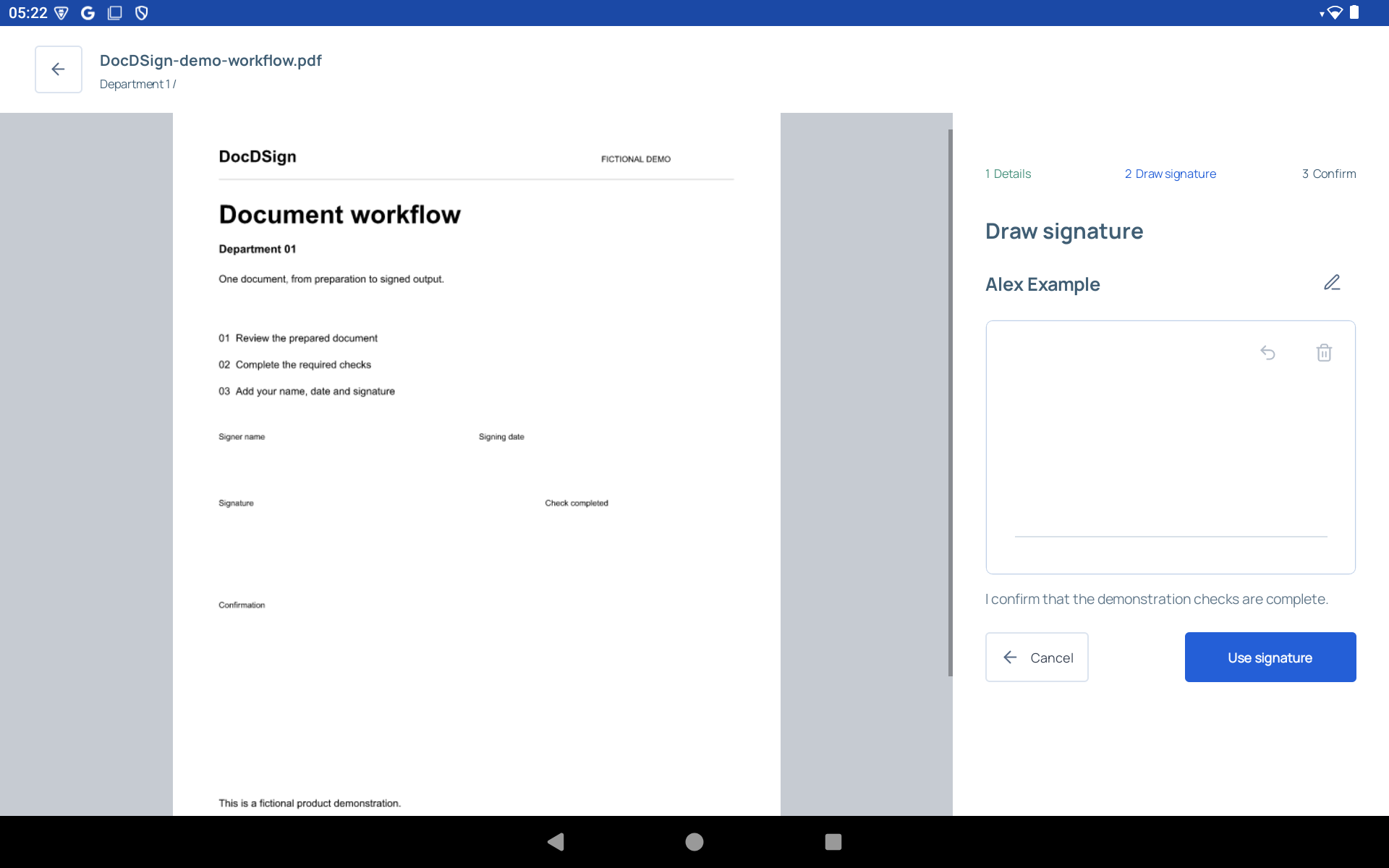 Actual Android app version 1.0.256 with the matching fictional demo PDF